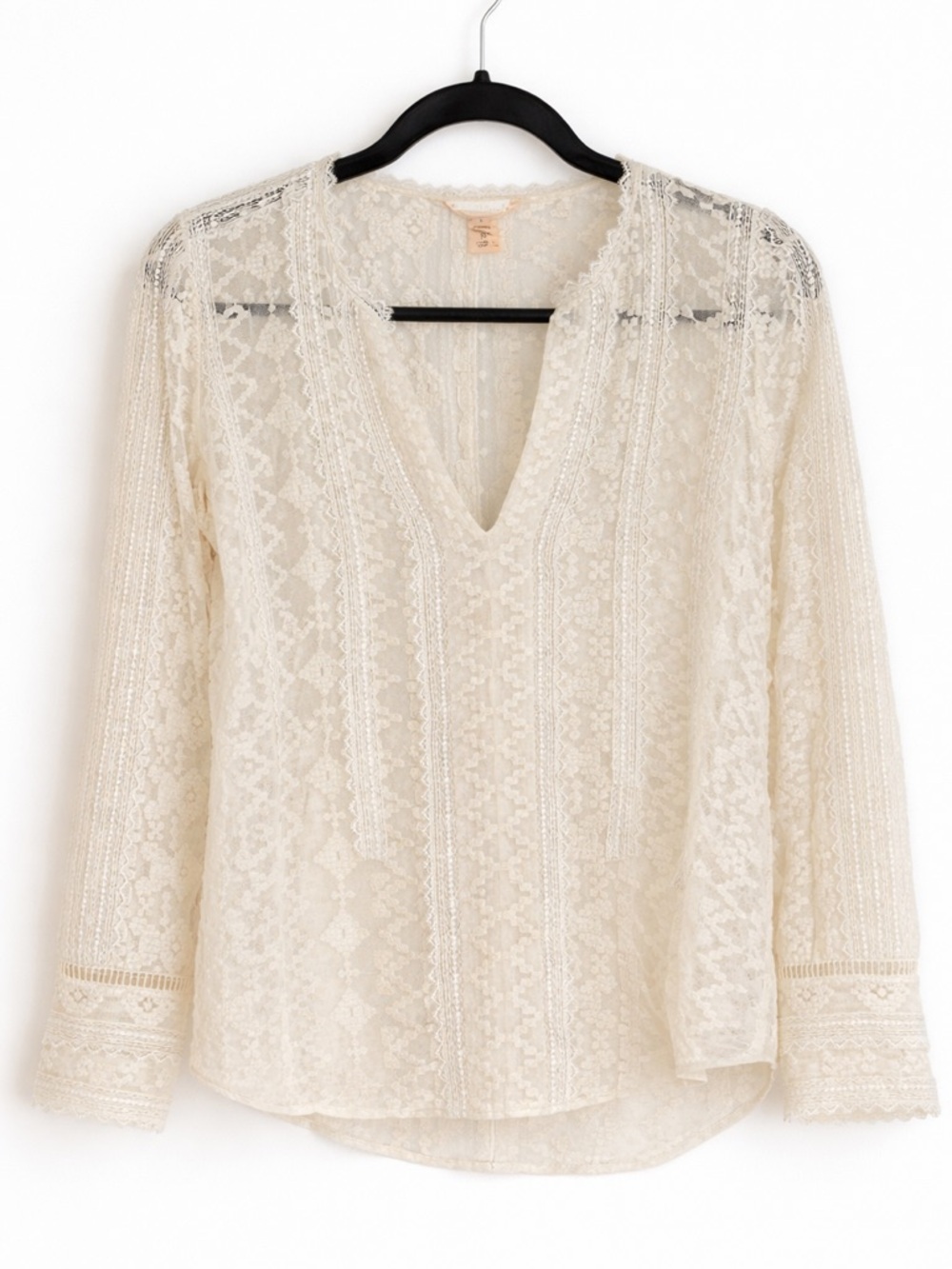 Rebecca Taylor Cream Lace V-Neck Long-Sleeve Blouse